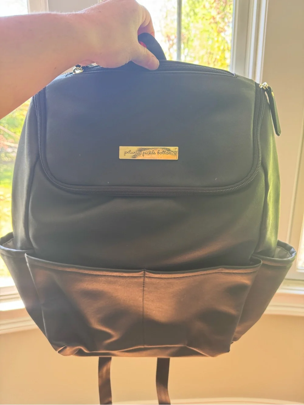Petunia Pickle Bottom Black Diaper Backpack with Gold Accents